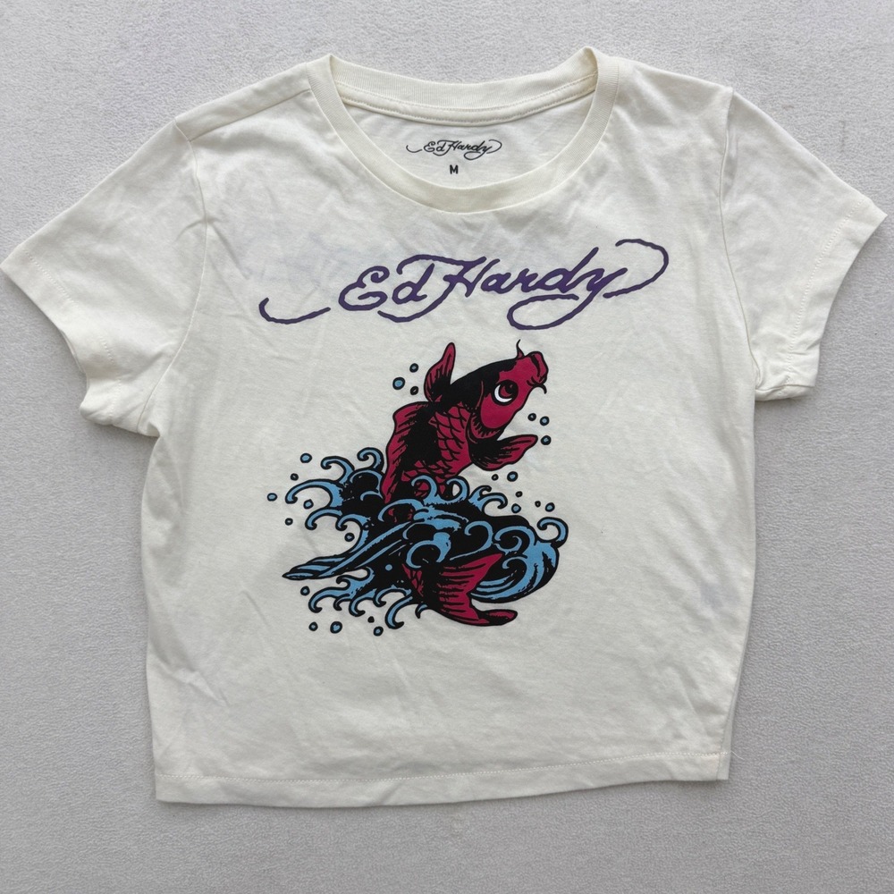 Ed Hardy Graphic Tee Kids M Medium Cream Koi Fish Tattoo Casual Skater Y2K